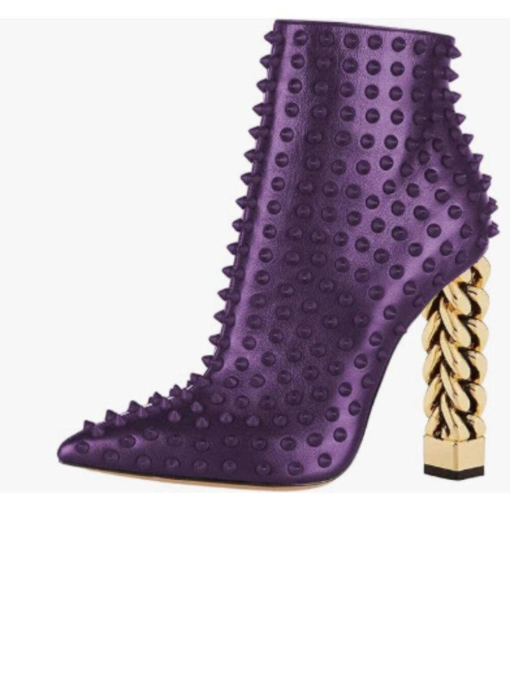 FSJ Purple-rivet Pointed Toe Ankle Boot Block Chunky Gold High Heel Bootie